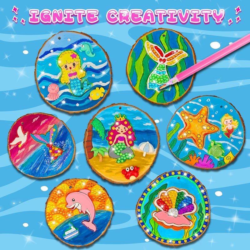 Klmars Mermaid Themed Wooden Painting Kit-Glow in The Dark-Arts & Crafts Gifts for Kids Girls Ages 6-12-Wood Slice Craft Activities Kits -Mermaid Art Toys for Kids Christmas Gifts - Image 2